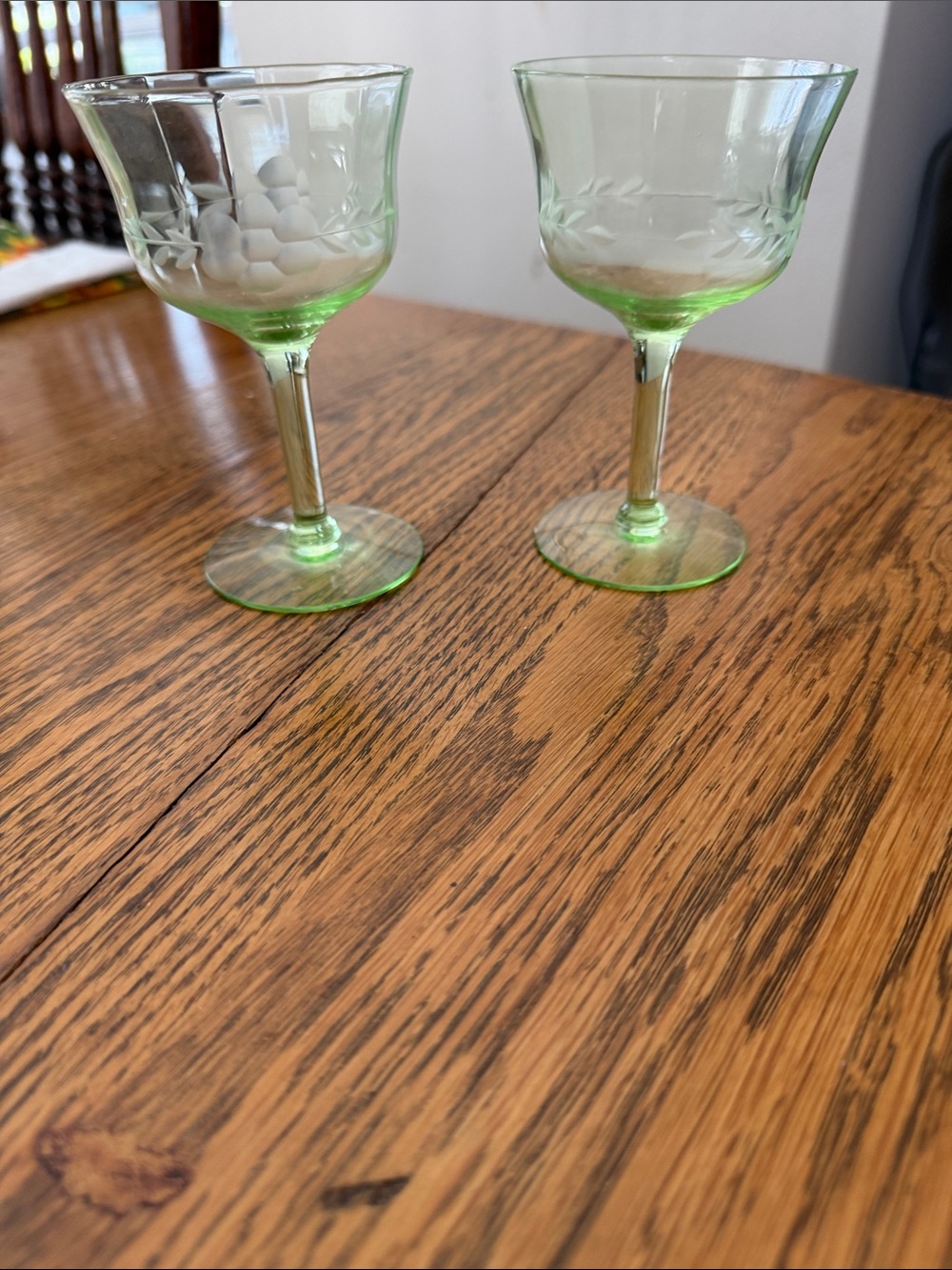 Vintage uranium glass cocktail coupe with floral etched pattern